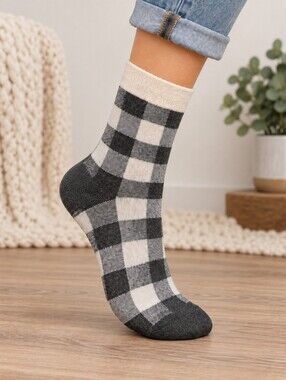 Gray & White Buffalo Plaid Crew Socks NWOT Rainbow Unicorn Surprise